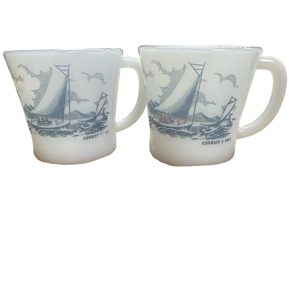 Glasbake Sailboat Coffee Cups (set of two) Currier & Ives White/Blue Vintage